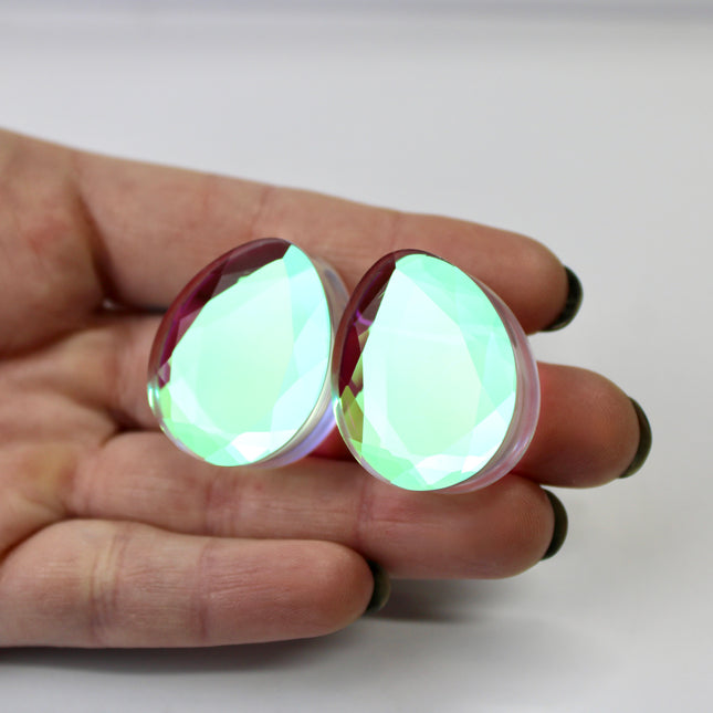 Faceted Diamond Iridescent Glass Tear Drop Plugs