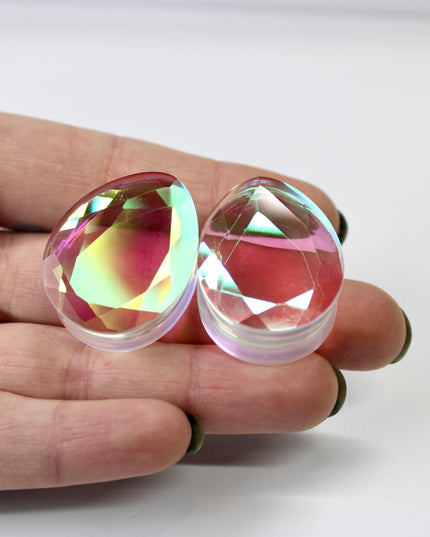 Faceted Diamond Iridescent Glass Tear Drop Plugs