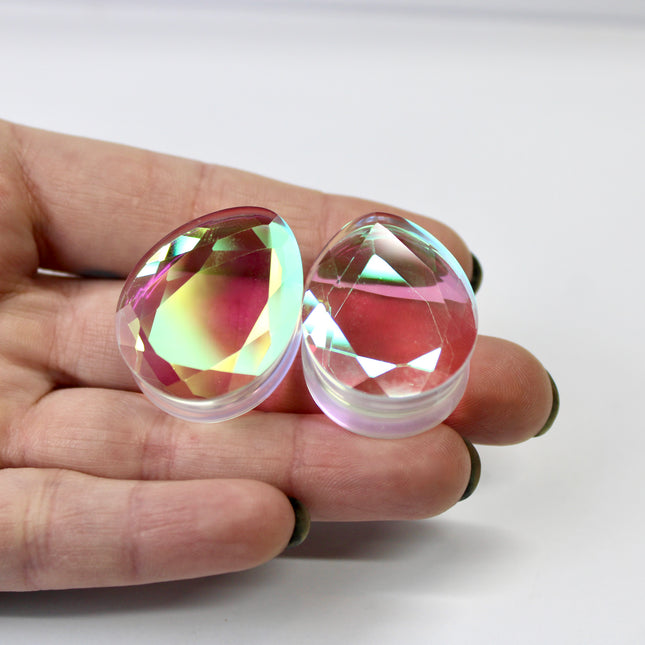 Faceted Diamond Iridescent Glass Tear Drop Plugs