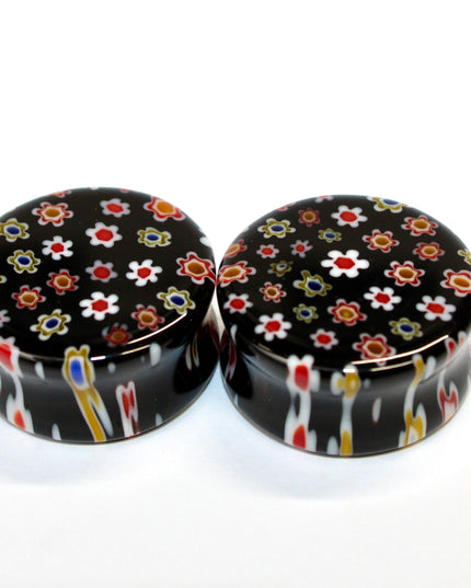 Black Glass Floral Double Flare with Copper Flash for Stretched Ears