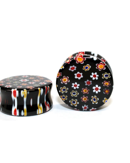 Black Glass Floral Double Flare with Copper Flash for Stretched Ears
