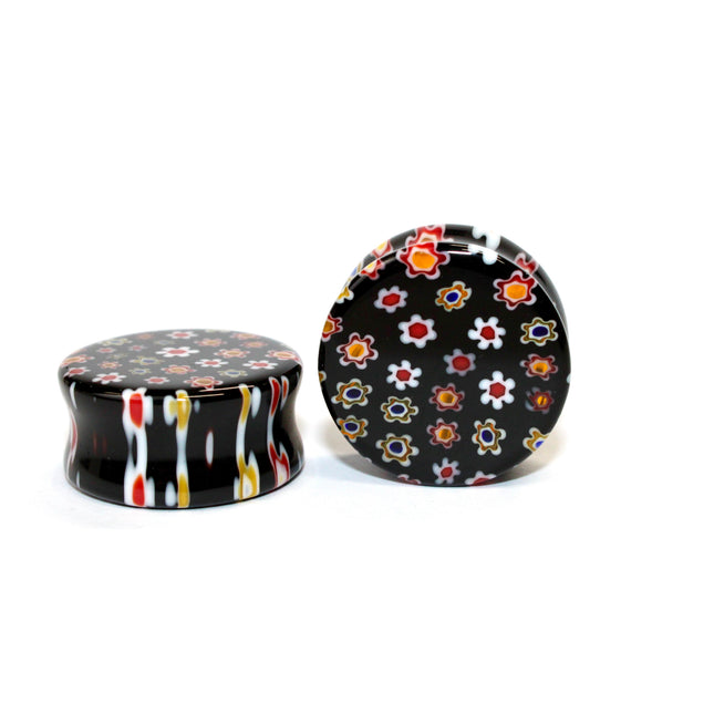 Black Glass Floral Plugs with Copper Flash