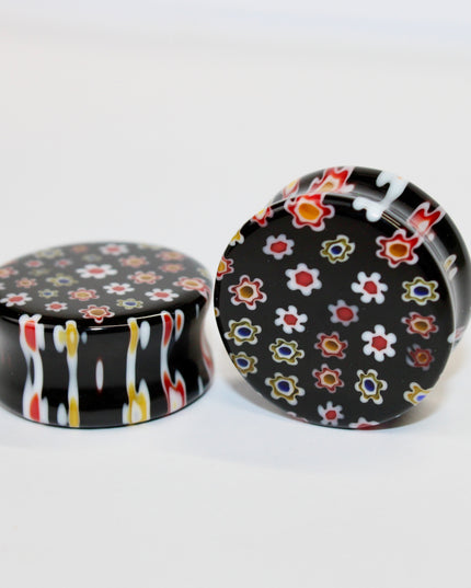 Black Glass Floral Double Flare with Copper Flash for Stretched Ears
