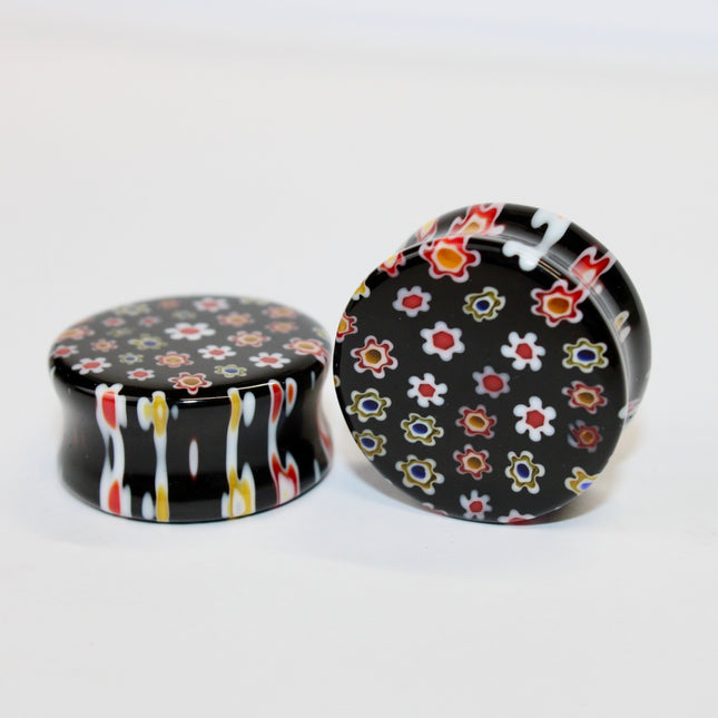 Black Glass Floral Plugs with Copper Flash