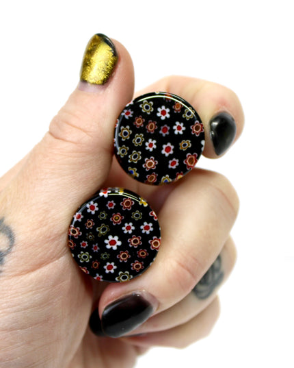 Black Glass Floral Double Flare with Copper Flash for Stretched Ears