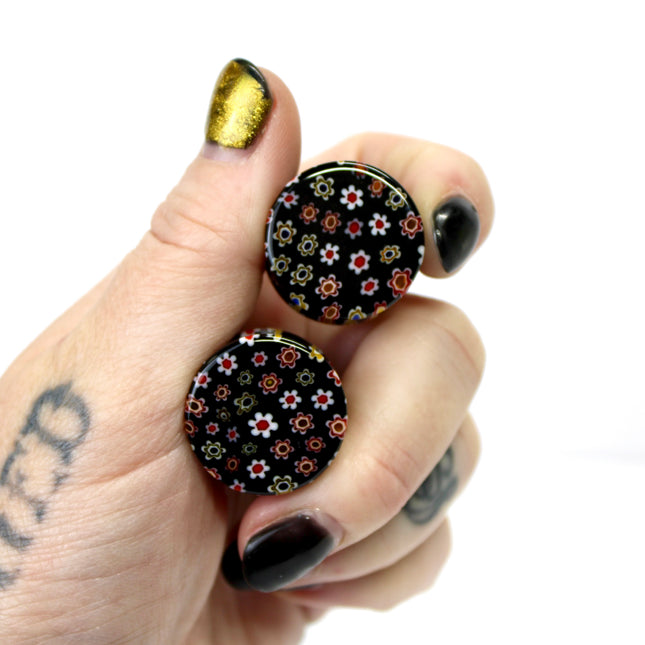 Black Glass Floral Plugs with Copper Flash