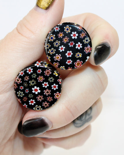 Black Glass Floral Double Flare with Copper Flash for Stretched Ears