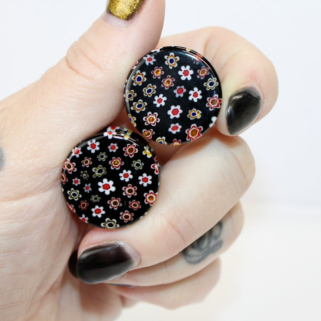 Black Glass Floral Plugs with Copper Flash