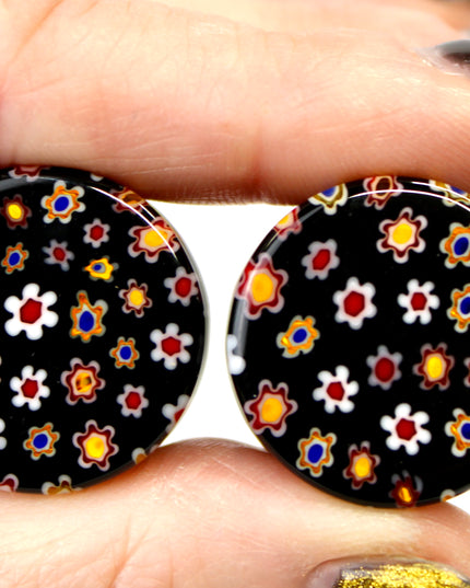 Black Glass Floral Double Flare with Copper Flash for Stretched Ears