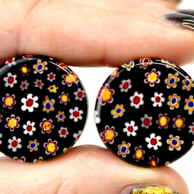 Black Glass Floral Plugs with Copper Flash
