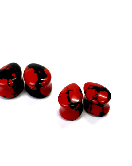 Red and Black Howlite Teardrop Plugs 