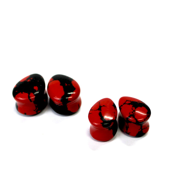 Red and Black Howlite Teardrop Plugs 