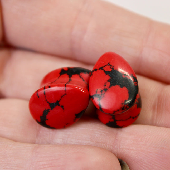 Red and Black Howlite Teardrop Plugs 