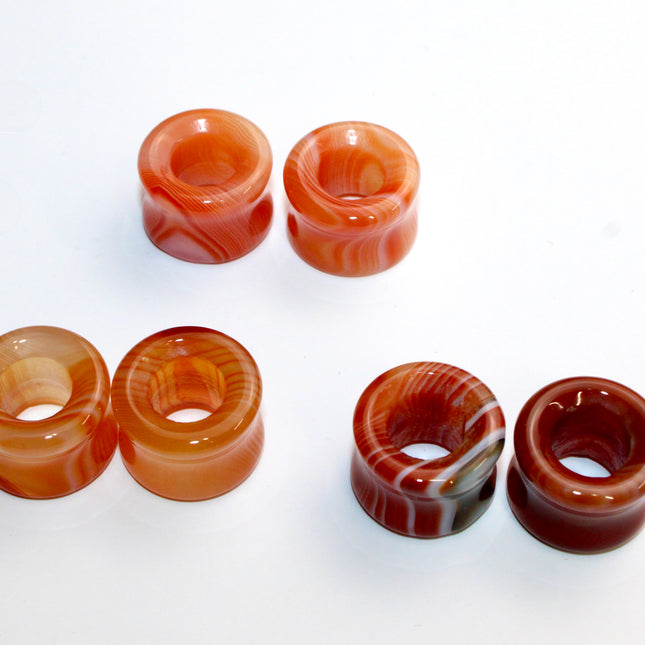 Carnelian Agate Striped Red and Orange Stone Tunnel Plugs 