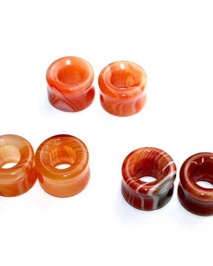 Carnelian Agate Striped Red and Orange Stone Tunnel Plugs 