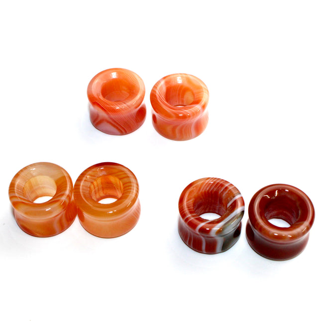 Carnelian Agate Striped Red and Orange Stone Tunnel Plugs 