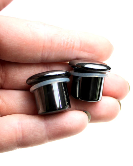Hematite Stone Single Flares for Gauged Ears– Heavy Weighted Natural Silver Color Gauges 3mm-16mm