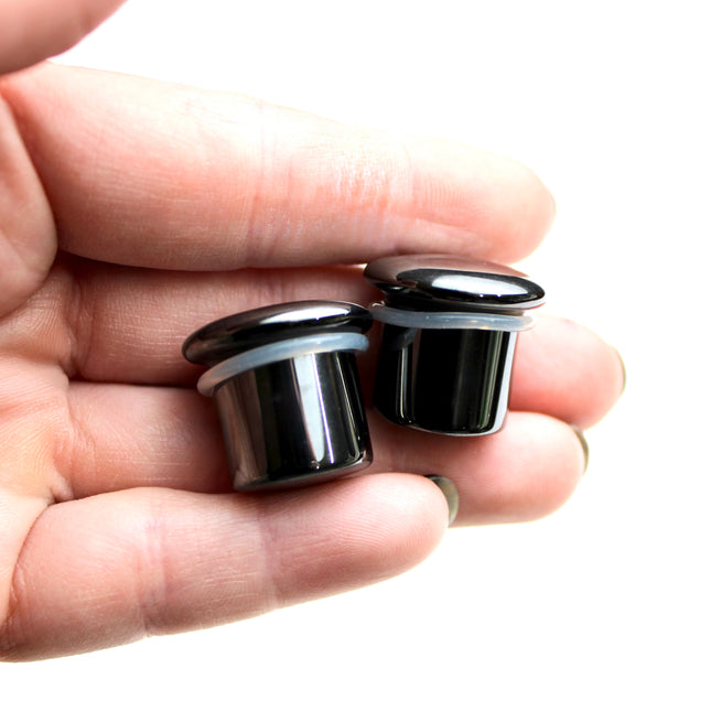 Hematite Single Flare Stone Plugs – Heavy Weighted Natural Silver Color Gauges 3mm-16mm