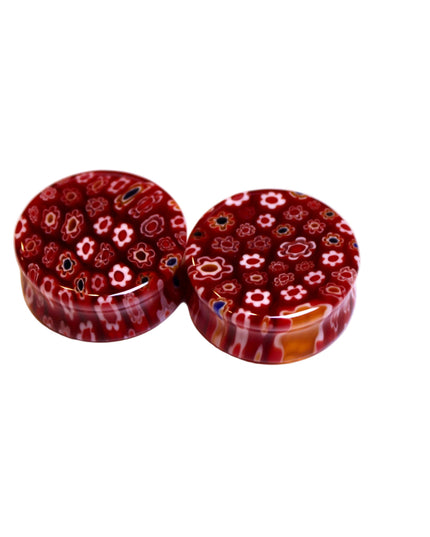 Red Floral Glass Plugs Double Flare