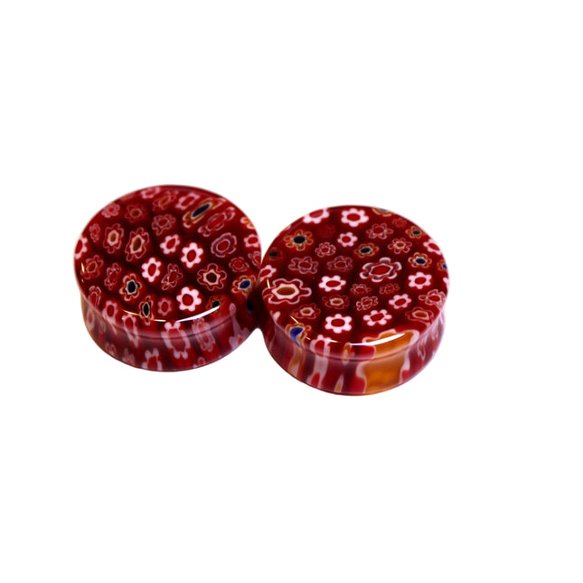 Red Floral Glass Plugs Double Flare