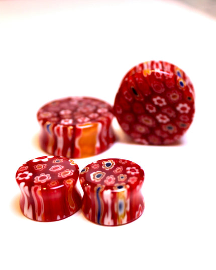 Red Floral Glass Plugs Double Flare