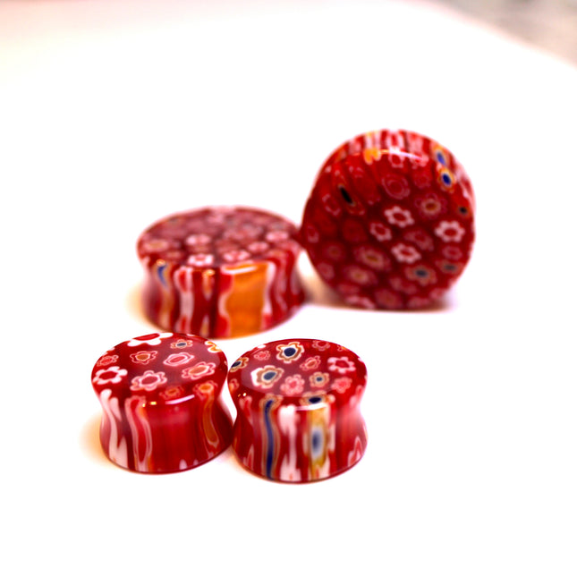 Red Floral Glass Plugs Double Flare