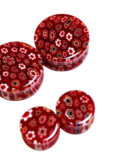 Red Floral Glass Plugs Double Flare