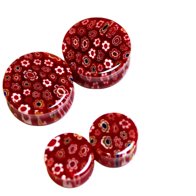 Red Floral Glass Plugs Double Flare