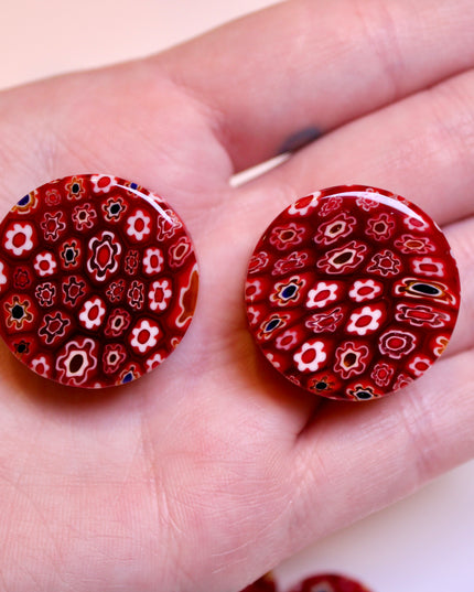 Red Floral Glass Plugs Double Flare