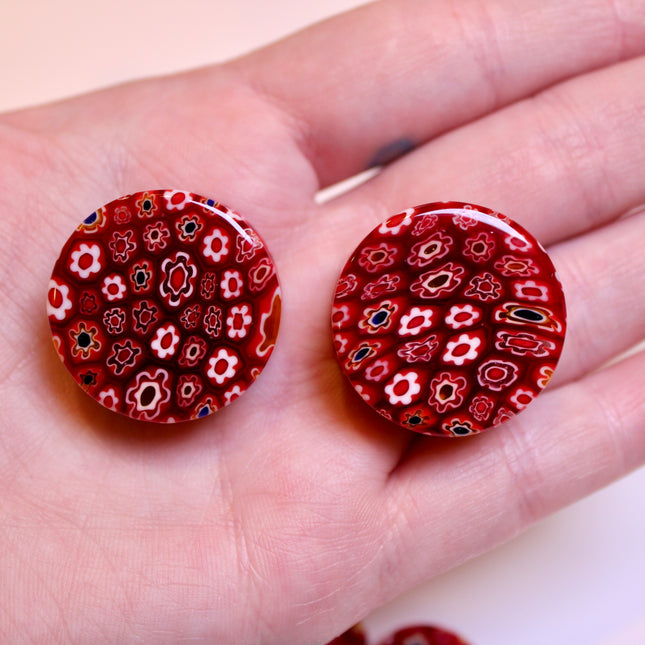 Red Floral Glass Plugs Double Flare