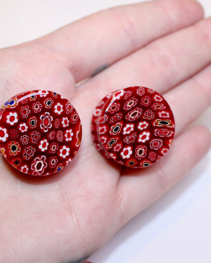 Red Floral Glass Plugs Double Flare