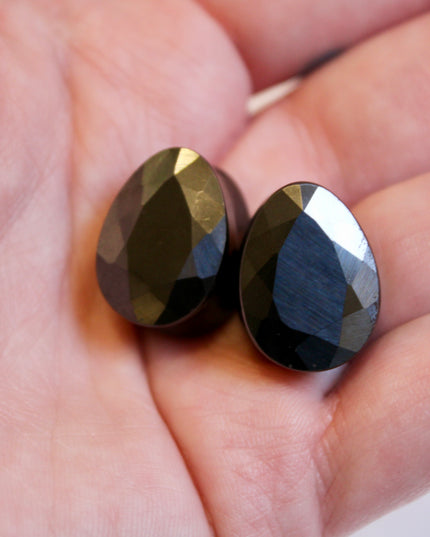 Faceted Hematite Teardrop Plugs 6mm-16mm