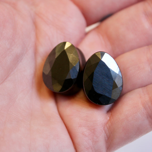 Faceted Hematite Teardrop Plugs 6mm-16mm