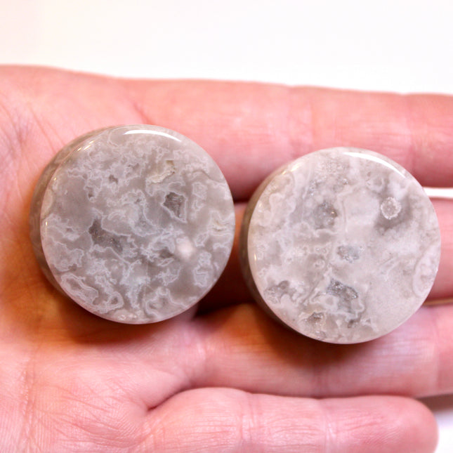 Laguna Crazy Lace Agate with Quartz Druzy Double Flare Plugs – Natural Stone Gauges (Pair)