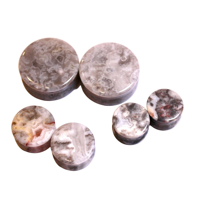 Laguna Crazy Lace Agate with Quartz Druzy Double Flare Plugs – Natural Stone Gauges (Pair)
