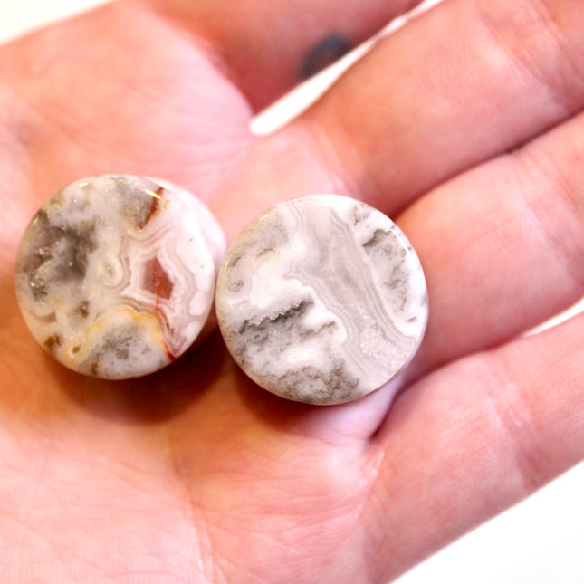 Laguna Crazy Lace Agate with Quartz Druzy Double Flare Plugs – Natural Stone Gauges (Pair)