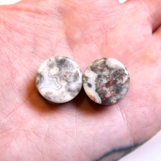 Laguna Crazy Lace Agate with Quartz Druzy Double Flare Plugs – Natural Stone Gauges (Pair)
