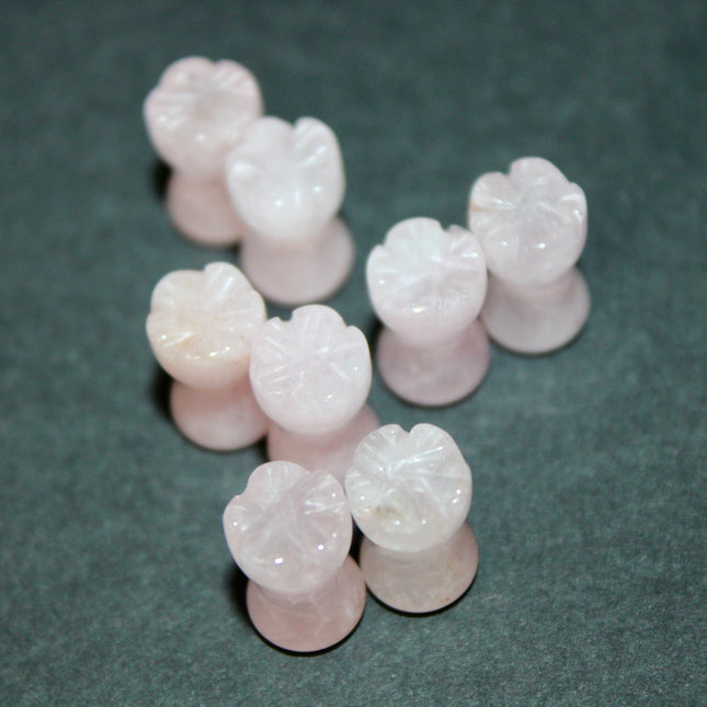 Rose Quartz Flower Heart Carved Double Flare Plugs PAIR - EC Plugs