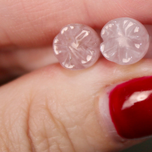 Rose Quartz Flower Heart Carved Double Flare Plugs PAIR - EC Plugs