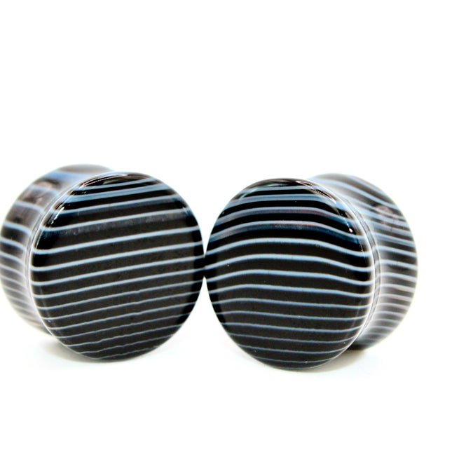 Black Line Agate Double Flare Plugs Pair - Black and White Gauges - EC Plugs