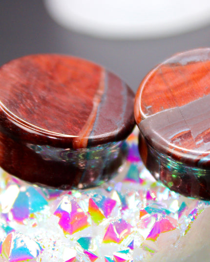 Red Tiger Eye Double Flare Stone Plugs Pair Red and Black - EC Plugs
