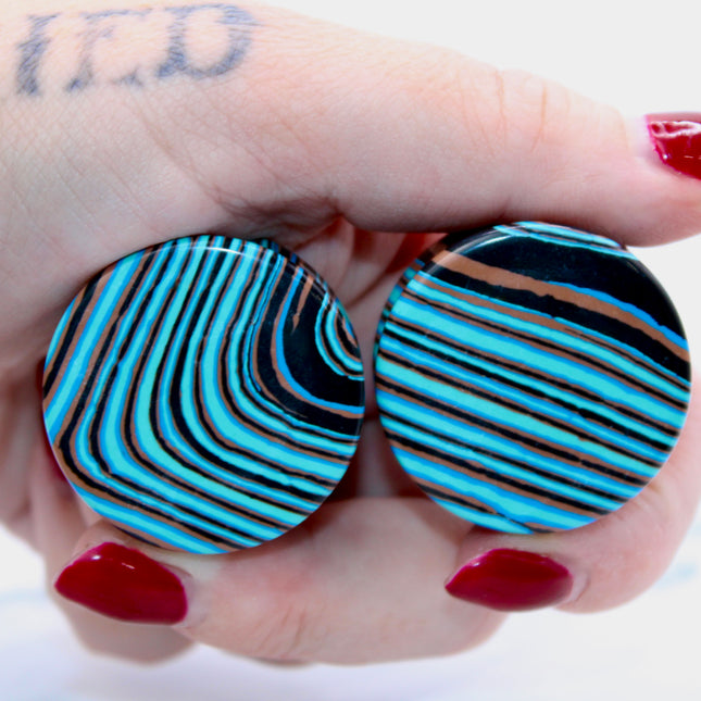 Blue Malachite Double Flare Stone Plugs - Striped Blue Gauge PAIR 3mm-32mm