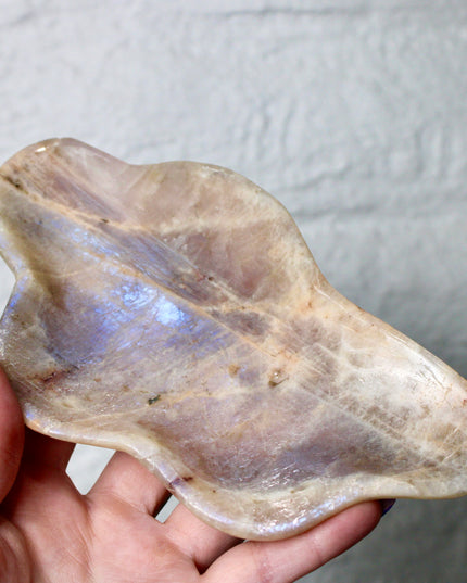 This Moonstone Bowl is carved from natural stone and polished to reveal stunning blue flash across its surface. Its compact size and elegant shine make it both functional and decorative ideal for adding a touch of iridescence to any space