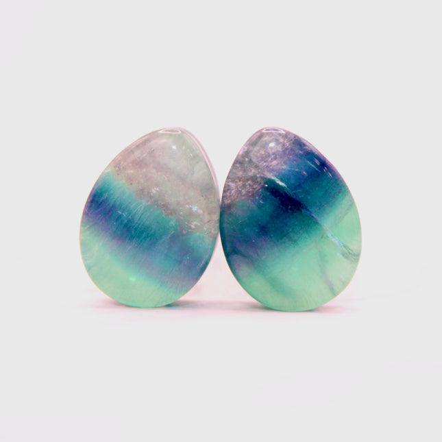 Rainbow Teardrop Fluorite Stone Plugs Colorful Blue, Green, Purple Natural Gauges Pair 6mm-32mm