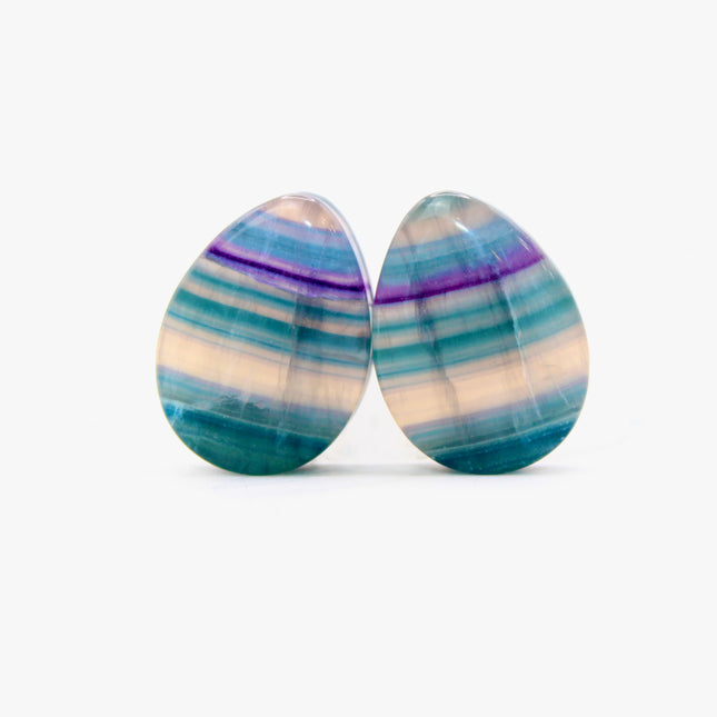 Rainbow Teardrop Fluorite Stone Plugs Colorful Blue, Green, Purple Natural Gauges Pair 6mm-32mm