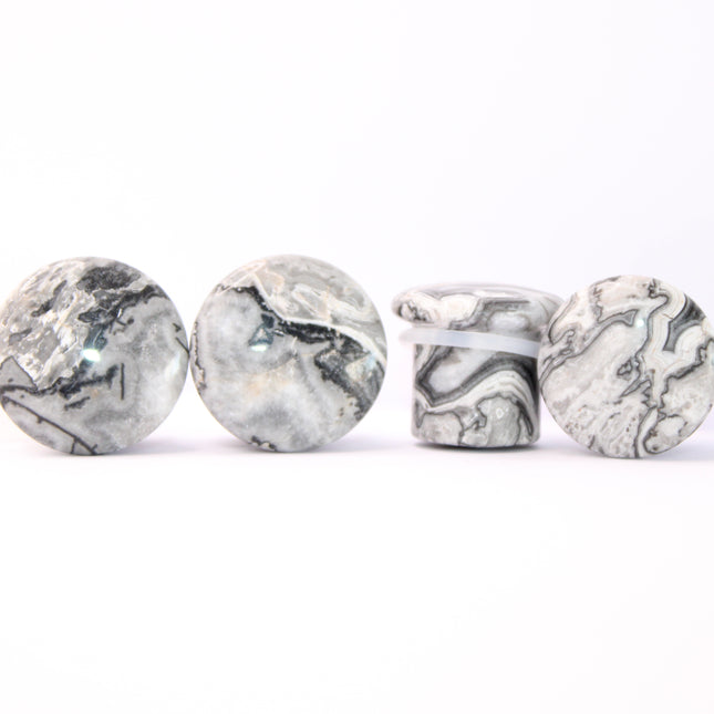 Wave Jasper Single Flared Plugs Pair - Gray and White Marbled Gauges