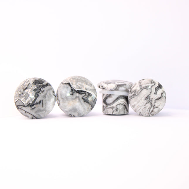 Wave Jasper Single Flared Plugs Pair - Gray and White Marbled Gauges