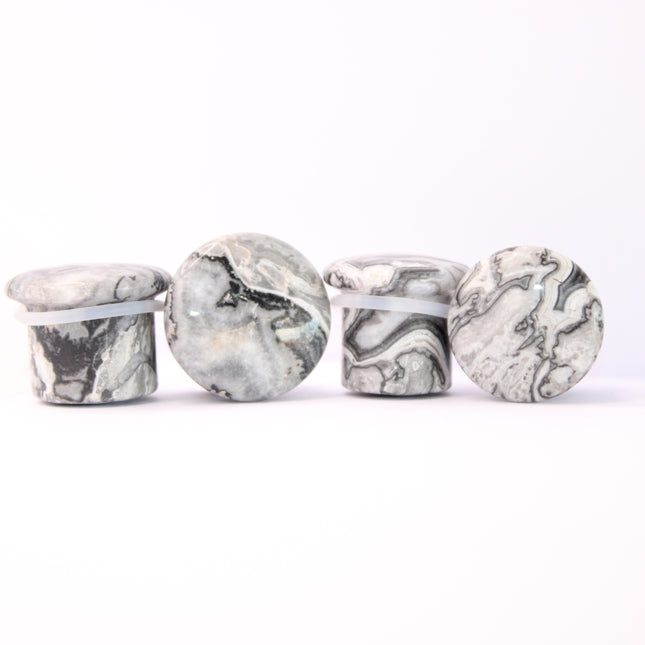 Wave Jasper Single Flared Plugs Pair - Gray and White Marbled Gauges
