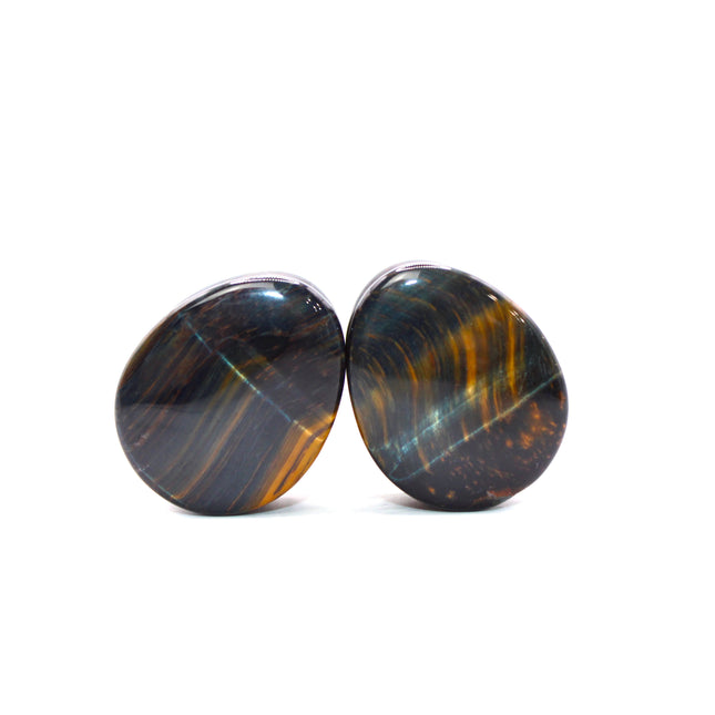 Blue Tiger Eye Tear Drop Double Flare Plugs Pair