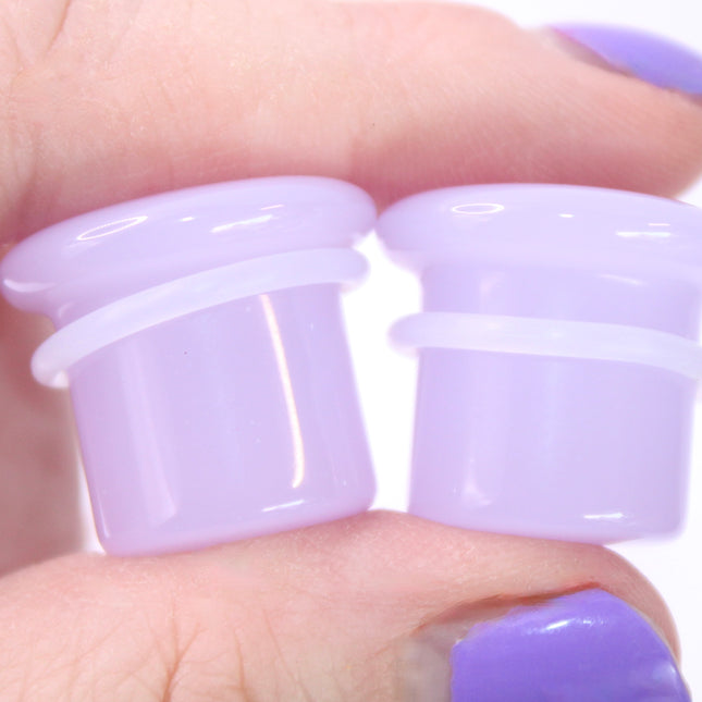Violet Opalite Plugs – Single Flare Crystal Gauges with O-Rings (Pair), Lavender Glassy Look